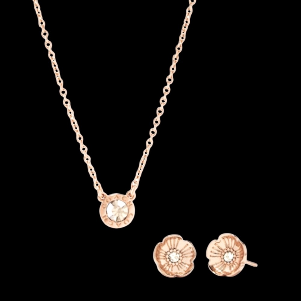 NEW Coach Open Circle Necklace & Tea Rose Stud Earrings  Style C6604 Rose Gold - Picture 6 of 12